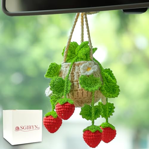 Crochet Hanging Plant for Car,Car Decorations Interior,Plant Strawberry Aesthetic Car Accessories for Women Interior Cute,Car Ornaments Charms for Rear View Mirror,Boho Car Decoration Gifts - color: Emerald Green Leaves Strawberry