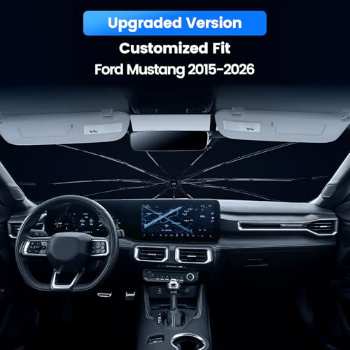 Windshield Sun Shade Umbrella Compatible with Ford Mustang 2015-2026, Upgraded Bendable Handle for Dashboard Protection,10-Rib Ice Crystal Coating Sunshade for UV & Heat Block Accessories - size: For Ford Mustang 2015-2026