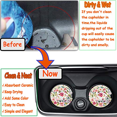 Car Coasters for Women 2 Pack Mother's Day, Auto Small 2.56" Auto Ceramic Coasters for Cup Holders, Absorb Spills to Keep Cupholders Clean, Easy Removal(Flower) - color: Flower