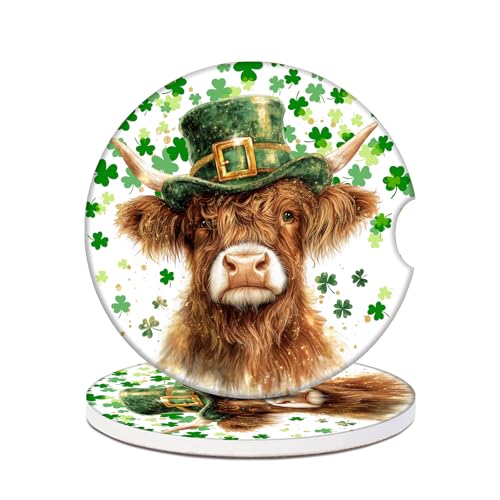 Green Clover Highland Cow Car Coasters for Cup Holders, 2 Pack Absorbent Ceramic Animals Car Cup Coasters Interior Accessories 2.56 Inch for Women Men - color: Green Clover Highland Cow