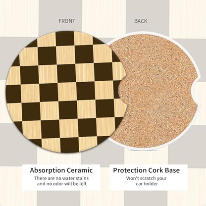 2 Pack Universal Ceramic Car Coasters，Ceramic Stone with A Finger Notch for Easy Removal of Car Cup Holder Coaster(Coffee Checkered) - color: Coffee Checkered
