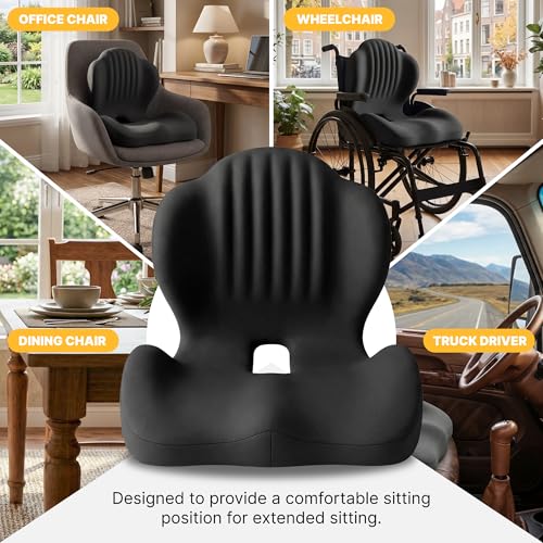 Ergonomic Seat Cushion, Office Chair Seat Cushions with L-Shaped Design, Memory Foam Orthopedic Cushion with Coccyx Hollow, Lumbar Support & Tailbone Pain Relief for Car, Truck, Gaming Chair (Black)