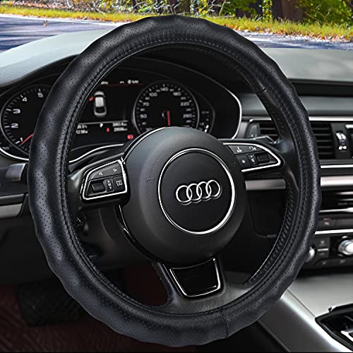 Haokay Heavy Duty Pure Cowhide Steering Wheel Cover, Black Genuine Leather Steering Wheel Cover Men Women Comfort Finger Grips Universal 14.5 to 15 Inch - color: BLACK-2