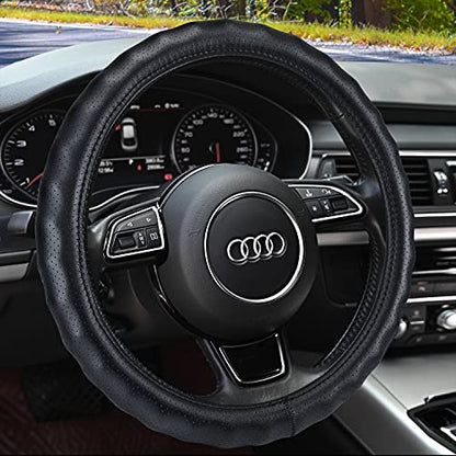 Haokay Heavy Duty Pure Cowhide Steering Wheel Cover, Black Genuine Leather Steering Wheel Cover Men Women Comfort Finger Grips Universal 14.5 to 15 Inch - color: BLACK-2