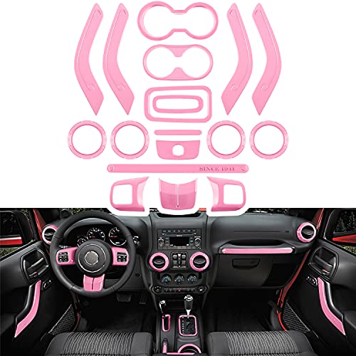 E-cowlboy 18 PCS Full Set Interior Decoration Trim Kit Steering Wheel Center Console Door Handle Air Conditioning Vent Cup Holder Gear Cover Trim for Jeep Wrangler JK JKU 2011-2018 4-Door (Pink) - color: Pink