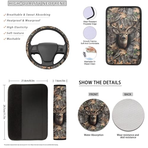 16 Pcs Car Seat Cover Full Sets, Deer Camouflage Hunting Printed Soft Car Front Rear Seat Covers with Steering Wheel Cover Center Console Covers Seatbelt Pads Head Rest Protector Coaster - color: Brown - Deer Camouflage Hunting