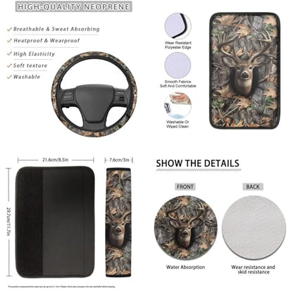 16 Pcs Car Seat Cover Full Sets, Deer Camouflage Hunting Printed Soft Car Front Rear Seat Covers with Steering Wheel Cover Center Console Covers Seatbelt Pads Head Rest Protector Coaster - color: Brown - Deer Camouflage Hunting