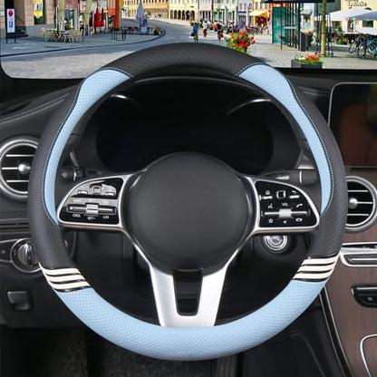 Cute Steering Wheel Cover for Women Men Leather Universal 15 inch,Black and Blue - color: Black with Blue, size: Round-M[14.5''-15'']