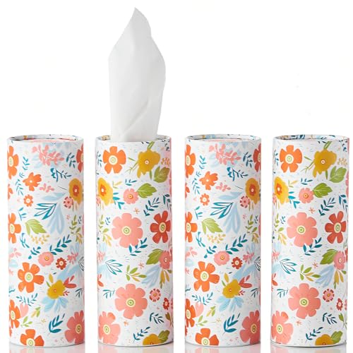 Car Tissue Holder Cylinder - 4 Pack, 50 3-Ply Tissues per Cylinder, Fits Car Cup Holders, Portable, Floral Design, Round Tissue Box for Car - style: Floral