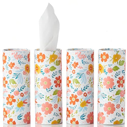 Car Tissue Holder Cylinder - 4 Pack, 50 3-Ply Tissues per Cylinder, Fits Car Cup Holders, Portable, Floral Design, Round Tissue Box for Car - style: Floral