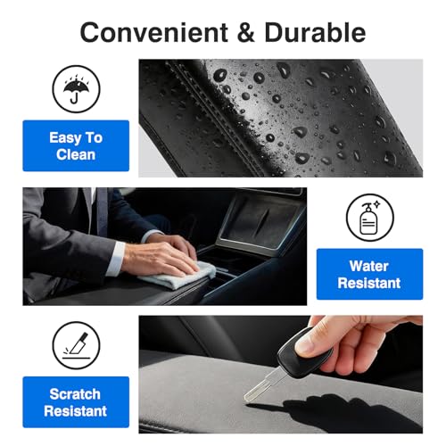 Center Console Armrest Cover for Tesla Model 3 2017-2023 & Model Y 2020-2025 - Black Genuine Leather Armrest Protector, Scratch Resistant Interior | Easy Install Skin with Bonus Key Card Holder - color: Black