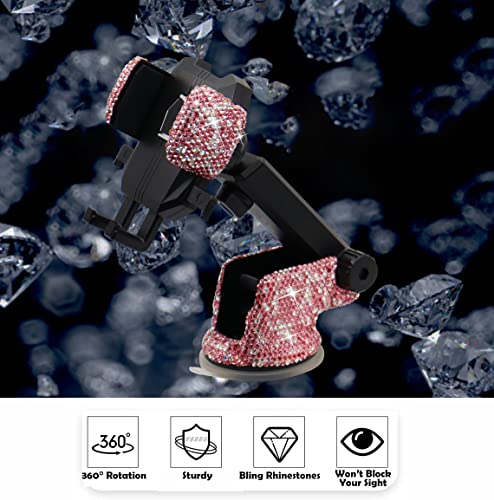 Bling Car Phone Mount Holder,Shiny Crystal Rhinestone Phone Stand for Women and Girls, Car Accessories for Windshield, Compatible with Most Cellphones (Pink) - color: pink