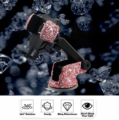 Bling Car Phone Mount Holder,Shiny Crystal Rhinestone Phone Stand for Women and Girls, Car Accessories for Windshield, Compatible with Most Cellphones (Pink) - color: pink