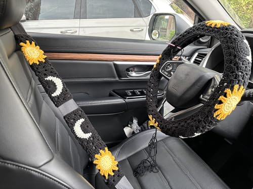 Handmade Crochet Sun Moon Car Steering Wheel Covers Universal 14-15 inch,Cute Steering Wheel Cover,Car Accessories (Black Wheel Cover+2 Belt Cover) - color: Black Wheel Cover+2 Belt Cover