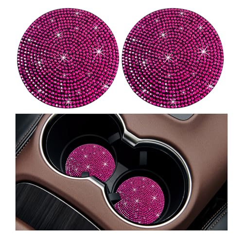 Ziciner 2PCS Bling Car Cup Holder Coaster, 2.73 Inch Anti-Slip Cup Insert Coasters, Crystal Rhinestone Auto Drink Cup Mat, Universal Interior Decor Car Accessories for Women Girls (Rose Red) - color: Rose Red, size: 2 Coaster+No Button Cover
