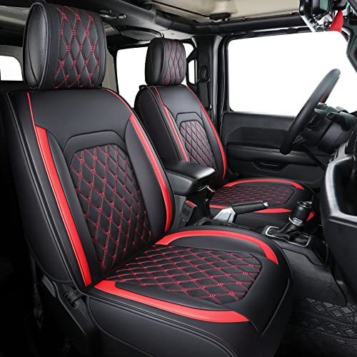 Jeep Wrangler JK JL 4-Door Seat Covers Full Set Custom Fit 2007-2026 Unlimited X Rubicon 392 Sahara Willys Sport High Altitude 4X4 Truck Pickup Waterproof Leather (Full Set/Black-R) - color: Full Set/BLACK-Red