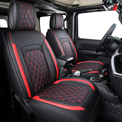 Jeep Wrangler JK JL 4-Door Seat Covers Full Set Custom Fit 2007-2026 Unlimited X Rubicon 392 Sahara Willys Sport High Altitude 4X4 Truck Pickup Waterproof Leather (Full Set/Black-R) - color: Full Set/BLACK-Red