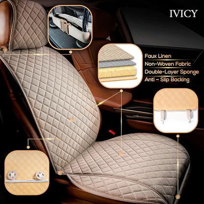 IVICY Faux Linen Front Car Seat Cover – Non-Slip Bucket Seat Protector for Most Cars, SUVs, Vans & Trucks – 1 Seat Cover, Machine Washable, Side-Airbag Friendly, Light Beige - color: BEIGE HYB LN