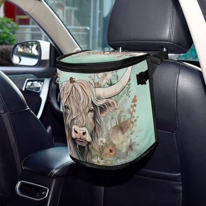 MNSRUU Car Trash Can with Lid, Highland Cow Flowers Car Trash Bag Hanging Organizers and Storage for Front Back Seat, Leak-Proof Trash Bin - color: Cow I 2515