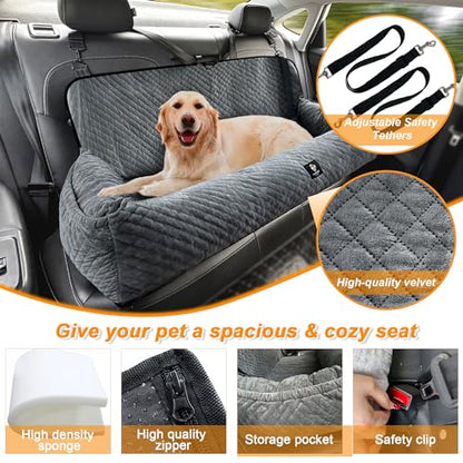 Large Dog Car Seat Under 100LBS,Dog Car Bed with Safety Tethers/Storage Pocket,Only for Back Seat-Gray - color: Dog Car Bed(Gray)