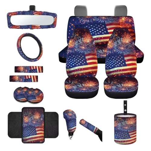 Wanyint Car Seat Cover Set 14 Pack with Steering Wheel Seat Belt Strap Gear Shift Knob Cover Garbage Bin Armrest Pad Rearview Mirror Coasters 4th of July Patriotic Decor, American Flag Fireworks - color: American Flag Fireworks