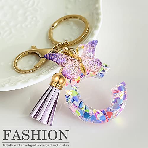 JINGUAZI Initial letter Keychains for Women Tassel Butterfly Pink Purple Cute Car Keychain for Wallet Backpack bag charm - color: C-purple