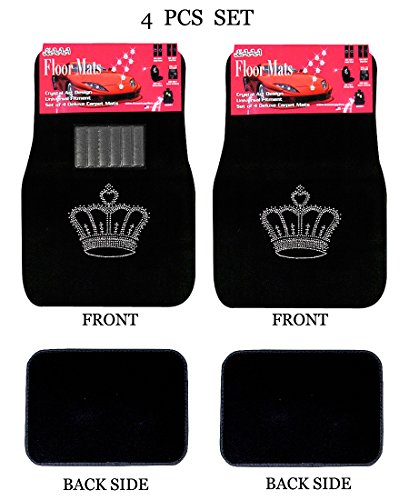 Universal Fit Car Truck Front/Rear 4-Piece Full Set Crystal Bling Rhinestone Studded Black Carpet Floor Mats (Crown/Black) - color: Crown/Black