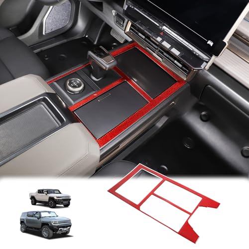 for Hummer EV Accessories Center Console Gear Shift Panel Trim Cover Real Carbon Fiber Gear Shift Control Anti-Scratch Panel Decorative Sticker Compatible with Hummer EV Pickup SUV 2024 2025 (Red) - style: Red