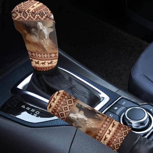 Aztec Horse Print 2 Pcs Car Gear Shift Cover + Handbrake Protectors Decoration Southwest American Tribal Design Universal Car Interior Accessories Set Fit for Vehicles SUVs Trucks - color: Aztec Horse Southwest American Tribal