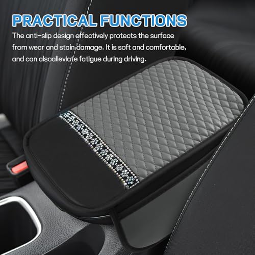 8PCS Car Accessories Set, Bling Leather Car Steering Wheel Cover with Armrest Pad, Seat Belt Cover Pads, Cup Holder Coasters, Gear Shift & Handbrake Covers, Auto Interior Accessories (Gray) - color: Gray