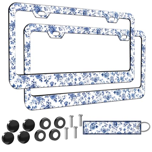 2pcs Blue White Porcelain Floral License Plate Frame for Women, Blue Flowers car Decorative tag Frames Girly, Cute Florals License Plate Cover Holder for Vehicle with Double Sided car keychaisn tag - color: for blue white porcelain floral flowers, size: 2