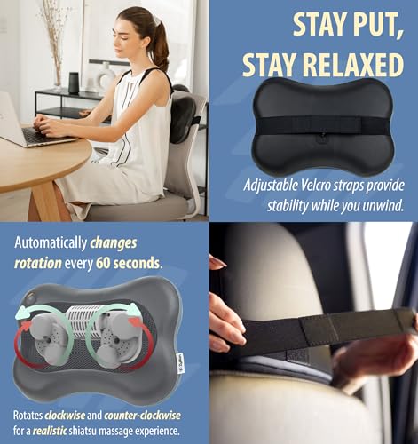 Zyllion Shiatsu Back and Neck Massager with Heat - 3D Electric Kneading Deep Tissue Massage Pillow for Muscle Pain Relief, Black, ZMA-13 - color: Black