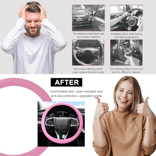 DXNQ Car Steering Wheel Cover, 13 to 14.17 inches Anti-Slip Silicone Steering Wheel Protector, Soft Flexible Shock-Absorbent Steering Wheel Protective Cover for Most Car Models (Pink) - color: Pink