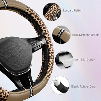 Road Comforts Leopard Steering Wheel Cover for Women, Cute Anti-Slip Microfiber Leather, Fits D Shape Flat Bottom Steering Wheel 14.5-15 Inch - Beige - color: D Shape-Beige