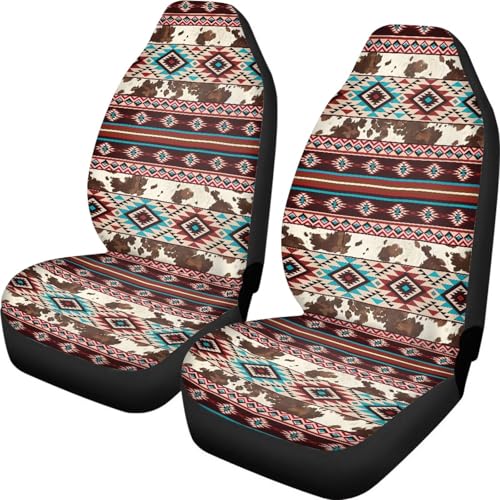 Car Front Seat Covers Stretch Polyester Fabric Cover Universal Aztec Cow Print Car Seat Cover Protection Interior Accessories Universal Fit for Most Vehicles - color: Aztec Cow Print