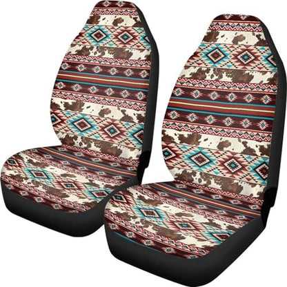 Car Front Seat Covers Stretch Polyester Fabric Cover Universal Aztec Cow Print Car Seat Cover Protection Interior Accessories Universal Fit for Most Vehicles - color: Aztec Cow Print