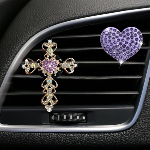 2PCS Bling Cross & Heart Car Dashboard Air Vent Trim Clip, Sparkly Rhinestone Car Air Vent Clips, Diamond Auto Diffuser Charm Clip, Auto Interior Decoration Accessory for Women Girls (Purple) - size: Purple