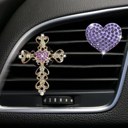 2PCS Bling Cross & Heart Car Dashboard Air Vent Trim Clip, Sparkly Rhinestone Car Air Vent Clips, Diamond Auto Diffuser Charm Clip, Auto Interior Decoration Accessory for Women Girls (Purple) - size: Purple