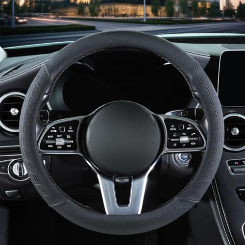 3D Premium Skin-Feel Leather Car Steering Wheel Cover, Anti-Slip Breathable Soft Slim Design, Universal 15 inch, Black - color: Solid Black, size: Round-Medium[14.5''-15'']