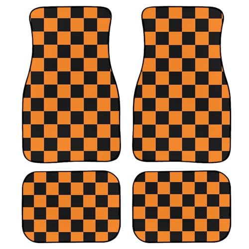 Checkered Car Floor Mats Set of 4,Abstract Orange and Black Checkerboard Pattern Floor mats for Cars Universal Front Rear Vehicle Foot Rugs Geometric Squares Car Accessories for Trucks Sedans - color: Orange Black