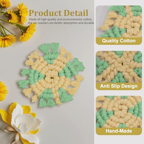 Cotton Car Coasters for Cup Holders, 2 Pack Car Cup Coasters, Drink Coaster Holder Cute Boho Macrame Cupholder Coaster Accessories for Women-3 inch(Yellow Green) - color: Yellow Green