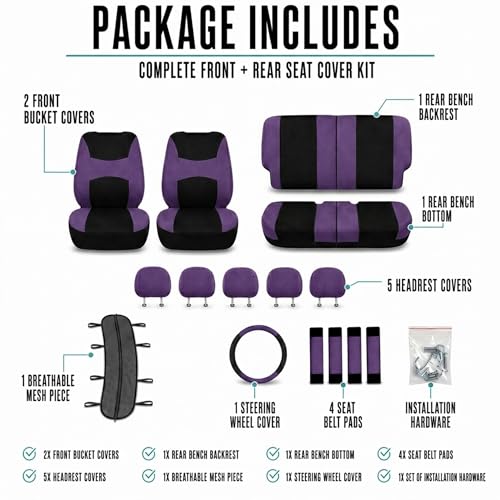 FH Group Full Set Car Seat Covers Cloth, Universal Fit combo, Set with Steering Wheel Cover and Seat Belt Pad fits Most Cars, SUVs, Trucks Purple - color: Purple
