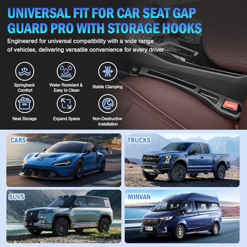 2PCS Car Seat Gap Filler Organizer 4In1 Between Seat & Console Inserts Gap Stopper Plug with Fill,Storage,Hook Function & Concealed Small Hammer,Upgraded Universal No Drop Seat Guard for Cars (Black)