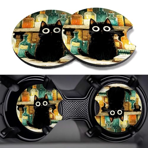 Car Cup Coasters,2 Pack Car Coaster,2.75inch Anti Slip and Absorbent Cars Coasters for Cup Holders,Car Accessories for Women,Cute Decor for Women (Black Cat) - color: Black Cat
