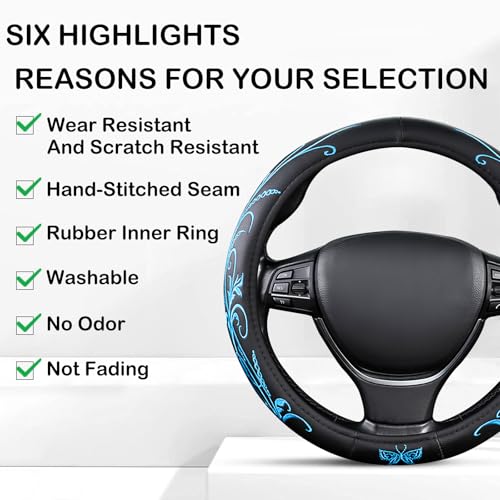 Blue Embroidery Butterfly Car Steering Wheel Cover,14.5-15 Inch Universal Leather Covers Breathable Anti-Slip Odorless Steering Wheels Accessories for Men Women - color: Embroidery-Blue