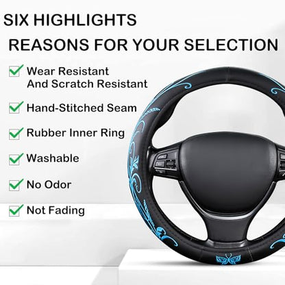 Blue Embroidery Butterfly Car Steering Wheel Cover,14.5-15 Inch Universal Leather Covers Breathable Anti-Slip Odorless Steering Wheels Accessories for Men Women - color: Embroidery-Blue