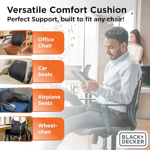BLACK+DECKER Memory Foam Lumbar Support Pillow, Lumbar Cushion for Office, Car, Wheelchair & Airplane – Adjustable Strap, Full Back Pain Relief, Washable Cover, Black/Grey - color: Black/Grey