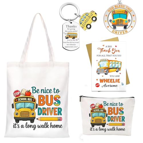 School Bus Driver Appreciation Gifts -Bus Canvas Handbag, Cosmetic Bag, Rearview Mirror Hanging Ornament, Keychain & Greeting Card | Thank You Gift for Driver,Transportation Worker