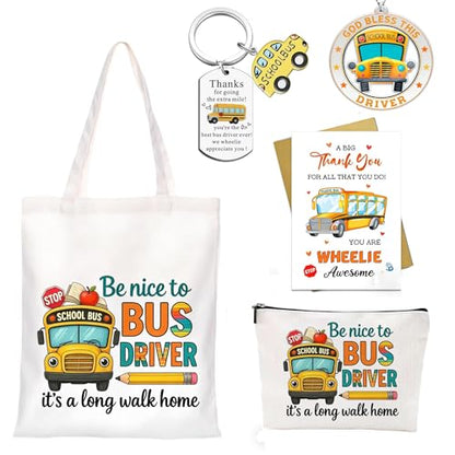 School Bus Driver Appreciation Gifts -Bus Canvas Handbag, Cosmetic Bag, Rearview Mirror Hanging Ornament, Keychain & Greeting Card | Thank You Gift for Driver,Transportation Worker