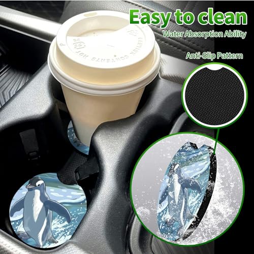 Universal Auto Center Console Pad and 2Pcs Car Coasters Set, Anti Slip Soft Neoprene Car Armrest Seat Box Cover Protector Universal Fit - Car Interior Accessories, Sea Penguin - color: 500